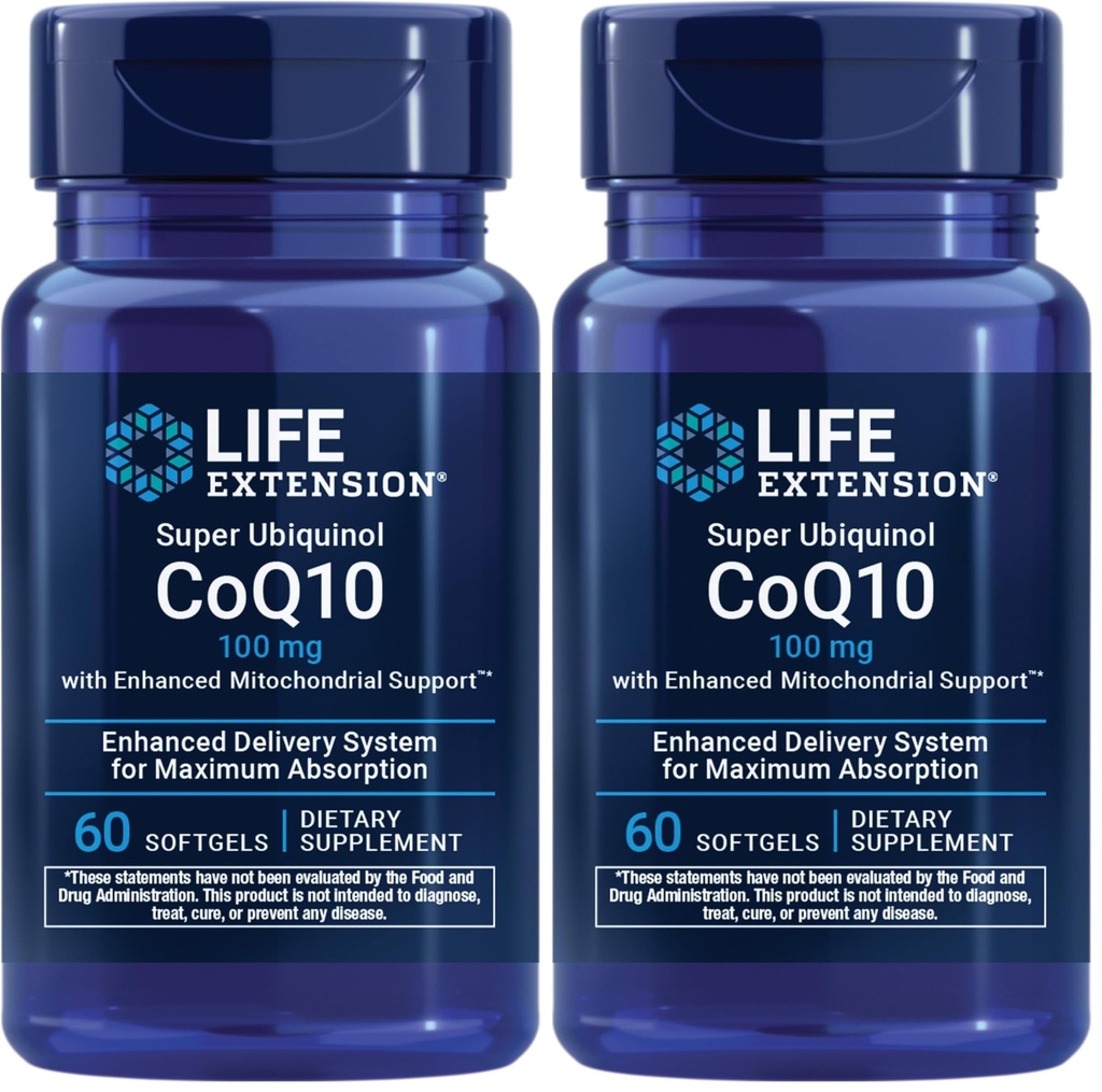 Extension de vie Super Ubiquinol CoQ10 avec soutien Mitochondrial amélioré, santé cardiaque et soutien à la production d'énergie cellulaire, Absorbable ultra, sans gluten, non-OGM, 100 mg, 60 softgels (paquet de 2)