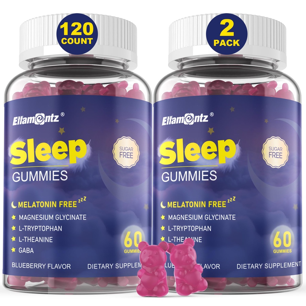 Gommies d'aide au sommeil sans mélatonine pour adultes, Gommies de sommeil sans sucre Pas de mélatonine, Gommies naturelles calmes avec Magnésium Glycinate, L-Tryptophane, L-Theanine, GABA, Ashwagandha, Valérien, 120cts