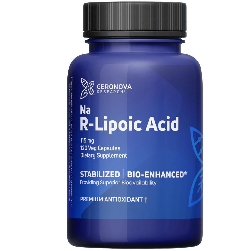 Geronova Research Bio-Enhanced R-Lipoic Acid, 115 mg Kapseln - 4 Monate Versorgung - Stabilisierte R Alpha Lipoic Acid Supplement mit verbesserter Absorption - 120 Zähler