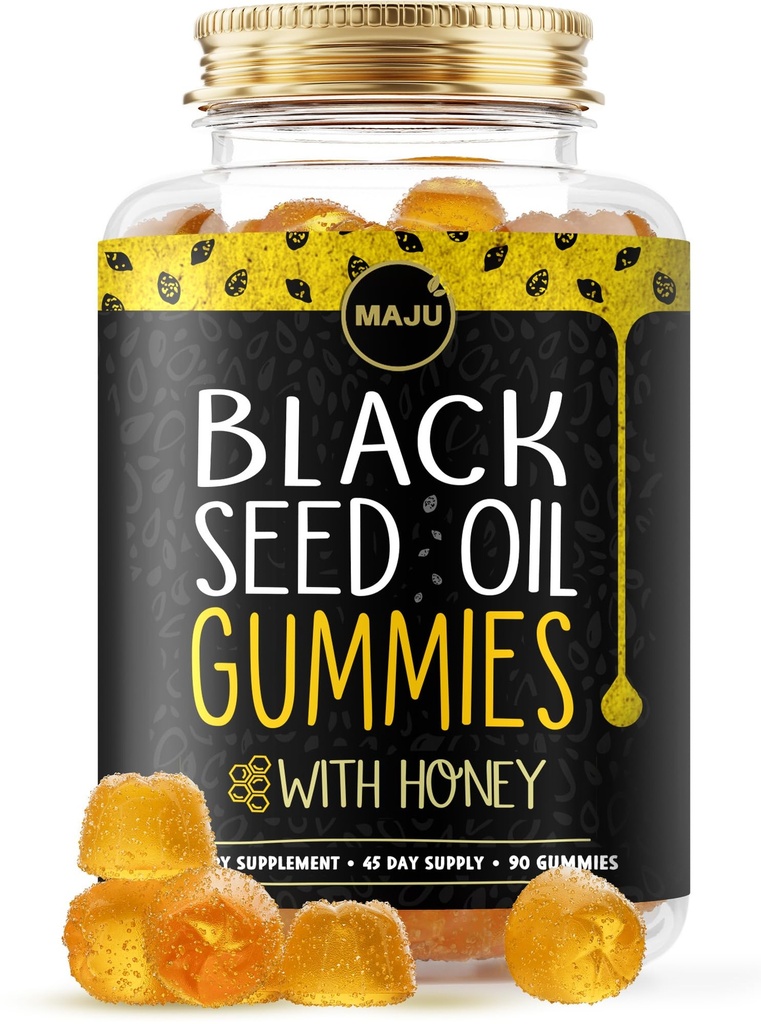 MAJU's Black Seed Oil Gummis mit Honig 90ct, 500mg BSO Gummy, Black Cumin Seed Nigella Sativa Öl, kalt-gepresst, Potent Formula, 90ct
