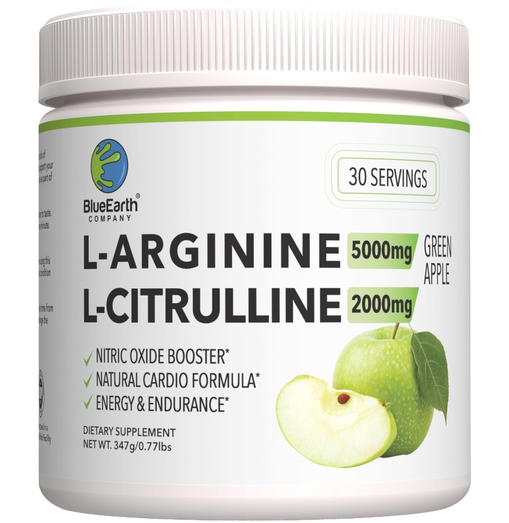 L-Arginin 5000mg + L-Citrulline 2000mg Complex Powder Supplement Drink Mix - Nitric Oxid Booster für Herzgesundheit, Blutfluss & Energie - 30 Servierungen (Green Apple)
