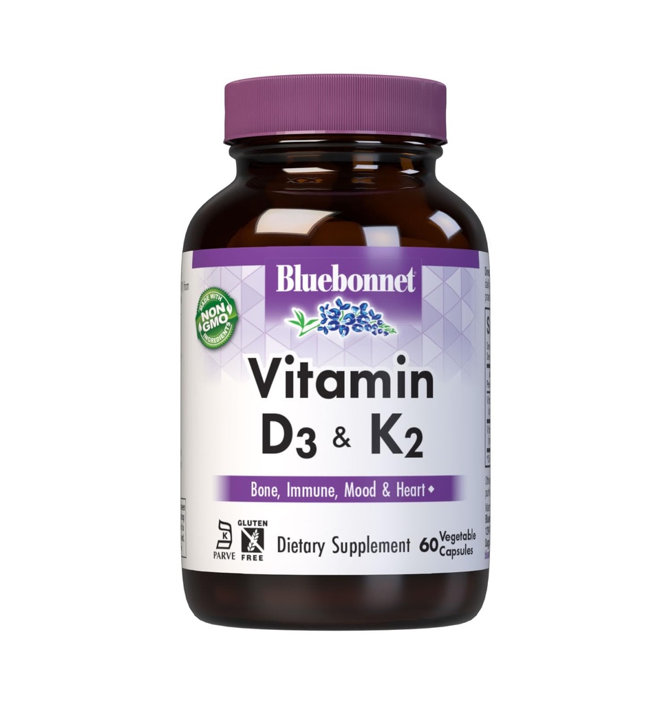 Bluebonnet Nutrition Vitamin D3 & K2, Soy-Free, für Stark-Gesunde Knochen*, Glutenfrei, Non-GMO, Dairy-Free, Kosher Zertifiziert, Vegetarisch, 60 Gemüse Kapseln, 60 Servietten