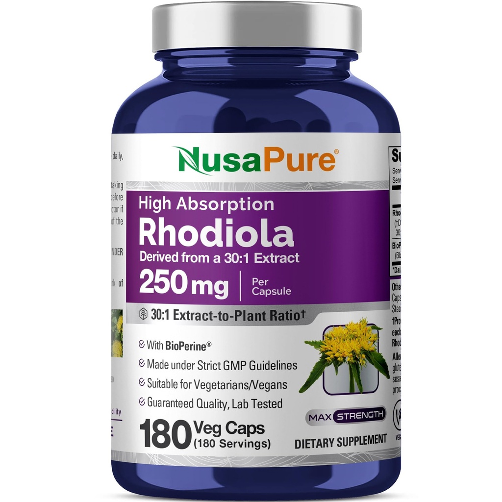 NusaPure Rhodiola Rosea 7 500mg 180 Capsules de légumes (non OGM, extrait 30:1, végétalien et sans gluten) Biopérine