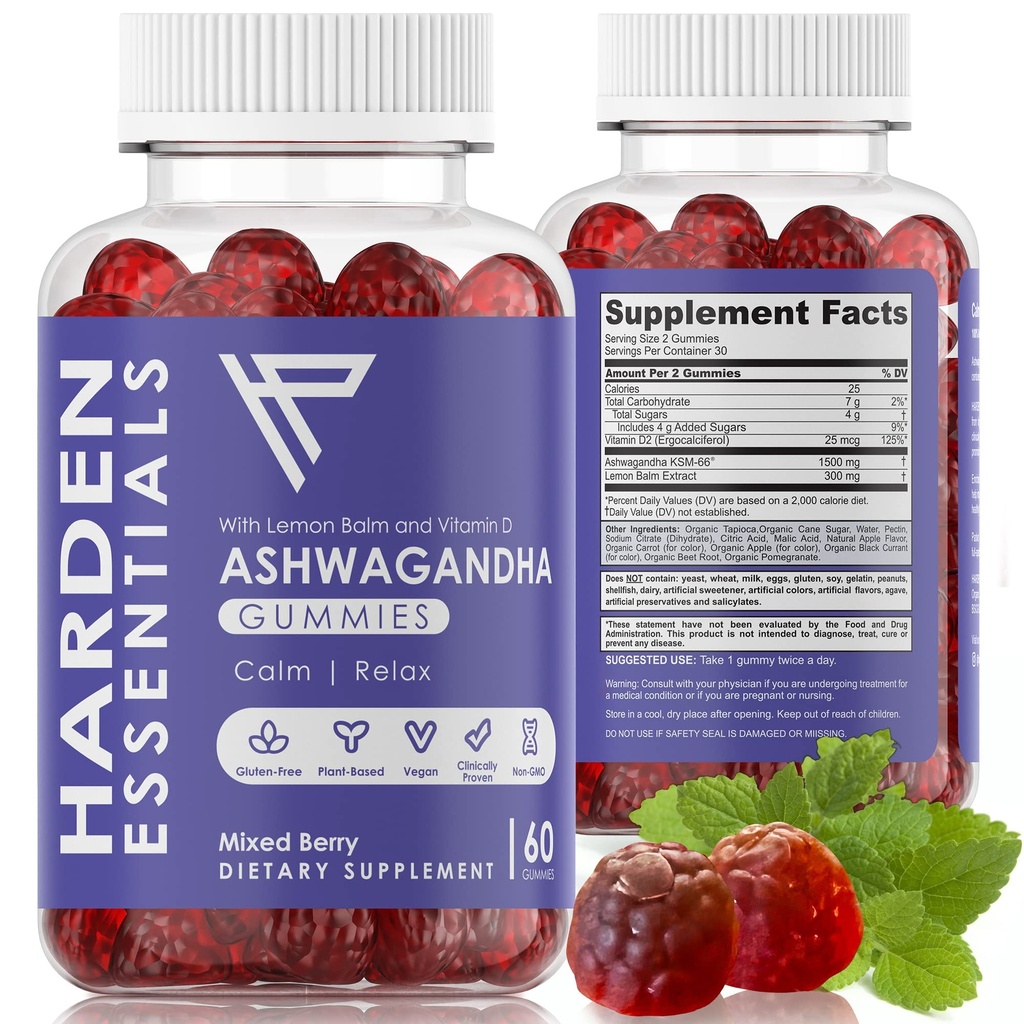 KSM-66 Ashwagandha Gummies w/Lemon Balm & Vitamin D (Max Strength 750mg pro Gummy) - Kräuter Vegan & Glutenfrei - Calm Mood Relaxation - Support Stress - Gummi für Erwachsene Kinder Frauen Männer (60 Count)