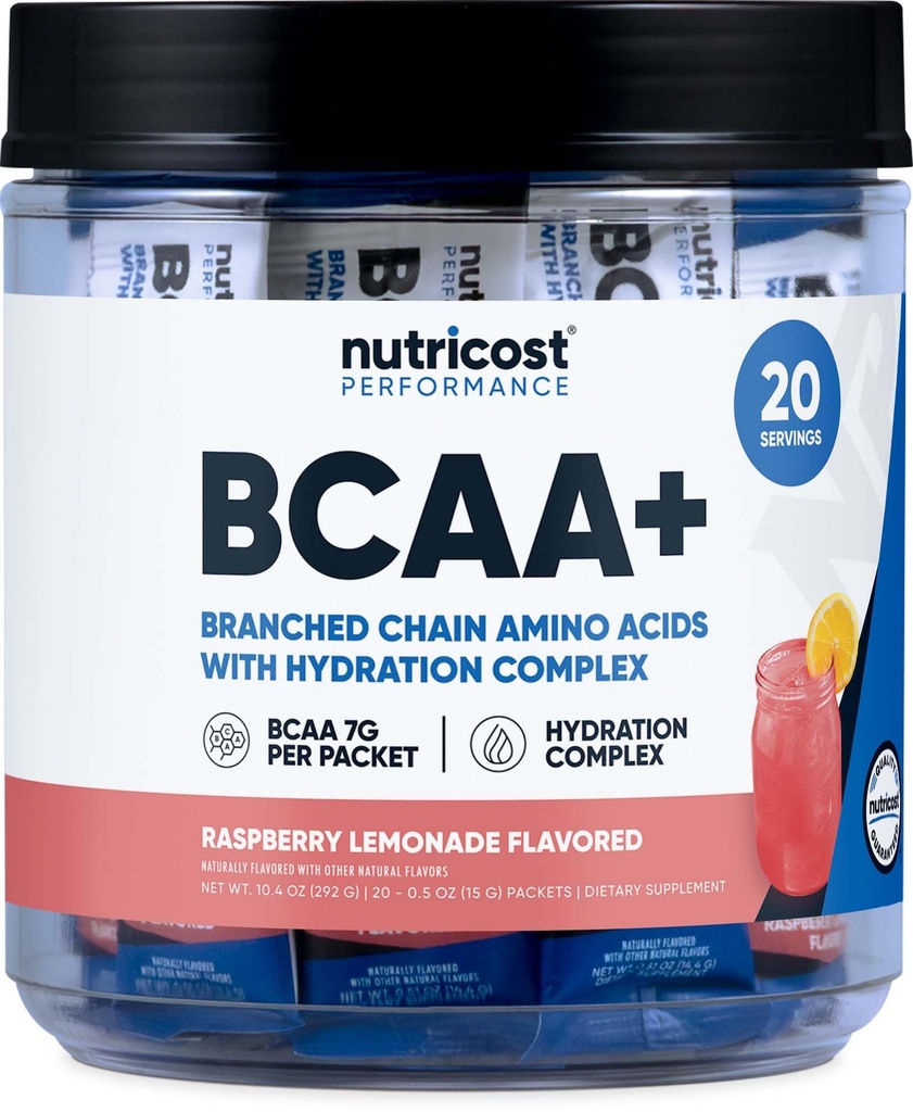 Nutricost BCAA+ Hydration Raspberry Lemonade (20 Stickpacks) - Verzweigte Kette Aminosäuren mit Hydration Complex - Glutenfrei, Non-GMO