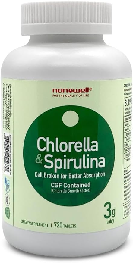 NANOWELL Chlorella & Spirulina 720 Tabletten - Chlorella, Spirulina, Antioxidantien, Vitamine, Reich an Proteinen, Gebrochene Zellwand (720 Count)