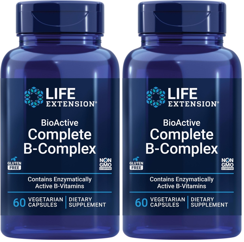 Life Extension Bioactive Complete B-Complex, Heart, Brain and Nerve Support, Healthy Energy, Metabolism, Complete B Complex, 60 Vegetarische Kapseln (Pack von 2)