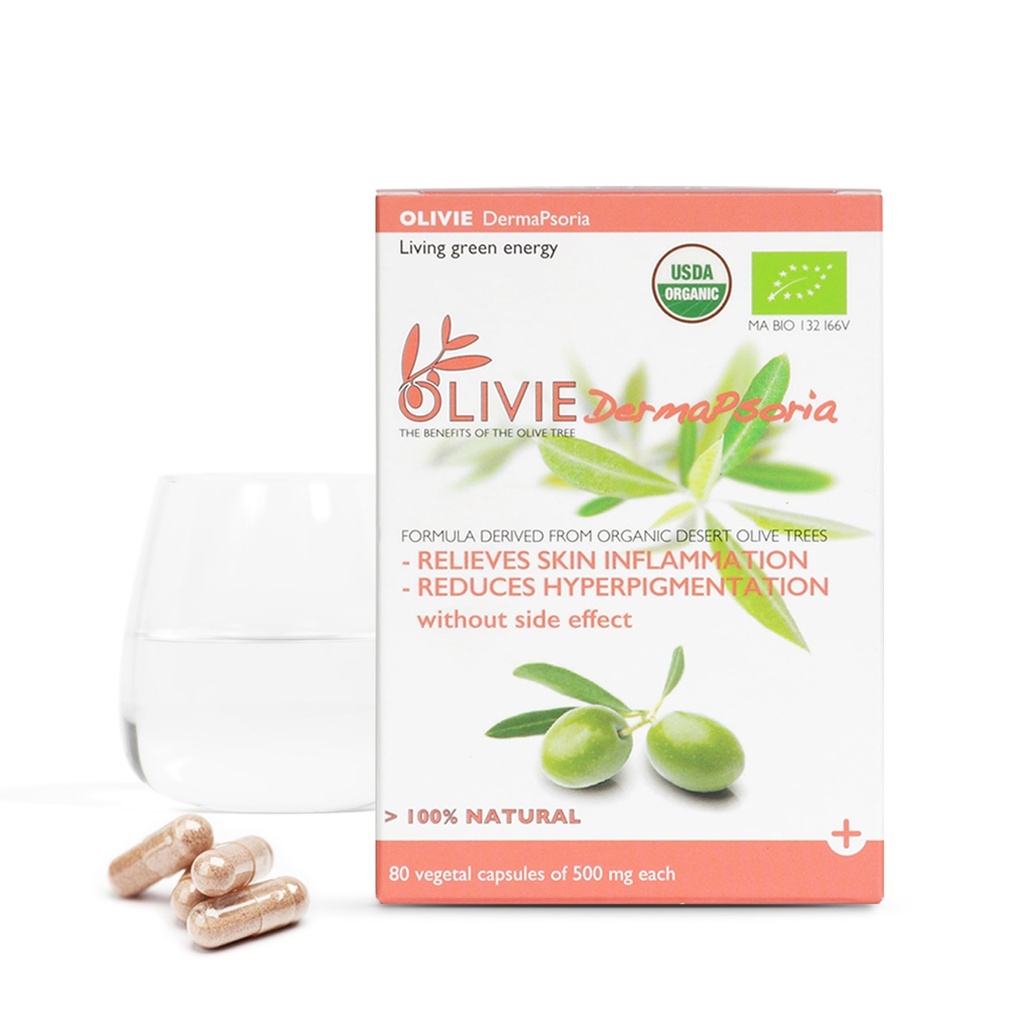 Bio Olivenblatt Extrakt Ergänzung für Frauen und Männer von OLIVIE | DermaPsoria Ergänzung für Psoriasis, Eczema, Hyperpigmentation | Olivenöl Kapseln | Antioxidante Polyphenole | 80 Vegetal Kapseln