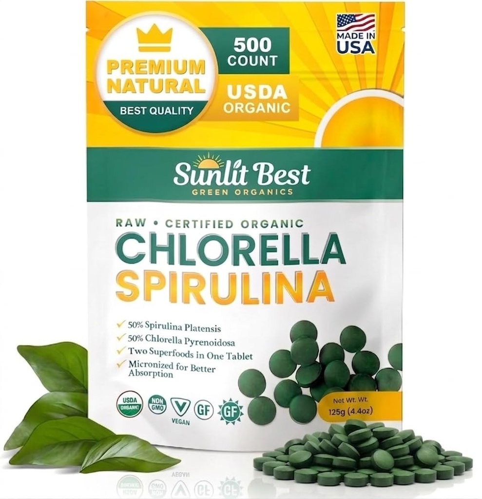 Sunlit Best Chlorella Spirulina Tabletten - Organic USDA, Premium Spirulinas und Chlorella Kapseln 500 Pillen - Chlorellas Natural Superfood mit Spirulina Algae, Enzyme Chlorophyll & Vegan Protein
