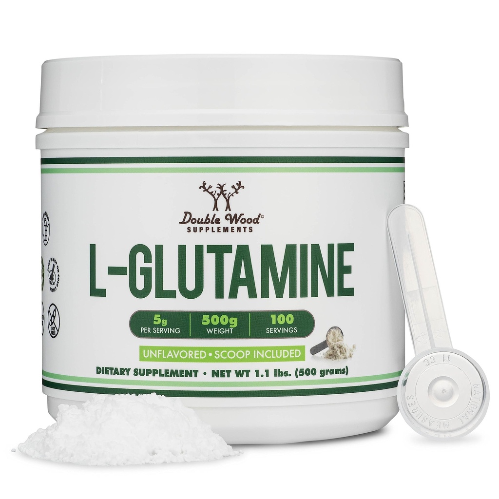 L Poudre de glutamine 1,1 lb (100 portions de 5 grammes chacune - Poudre de L-Glutamine testée par une tierce partie) Non aromatisée, kéto, amie des végétaliens (avec scoop) pour l'endurance d'exercice et la santé des Gut par le double bois