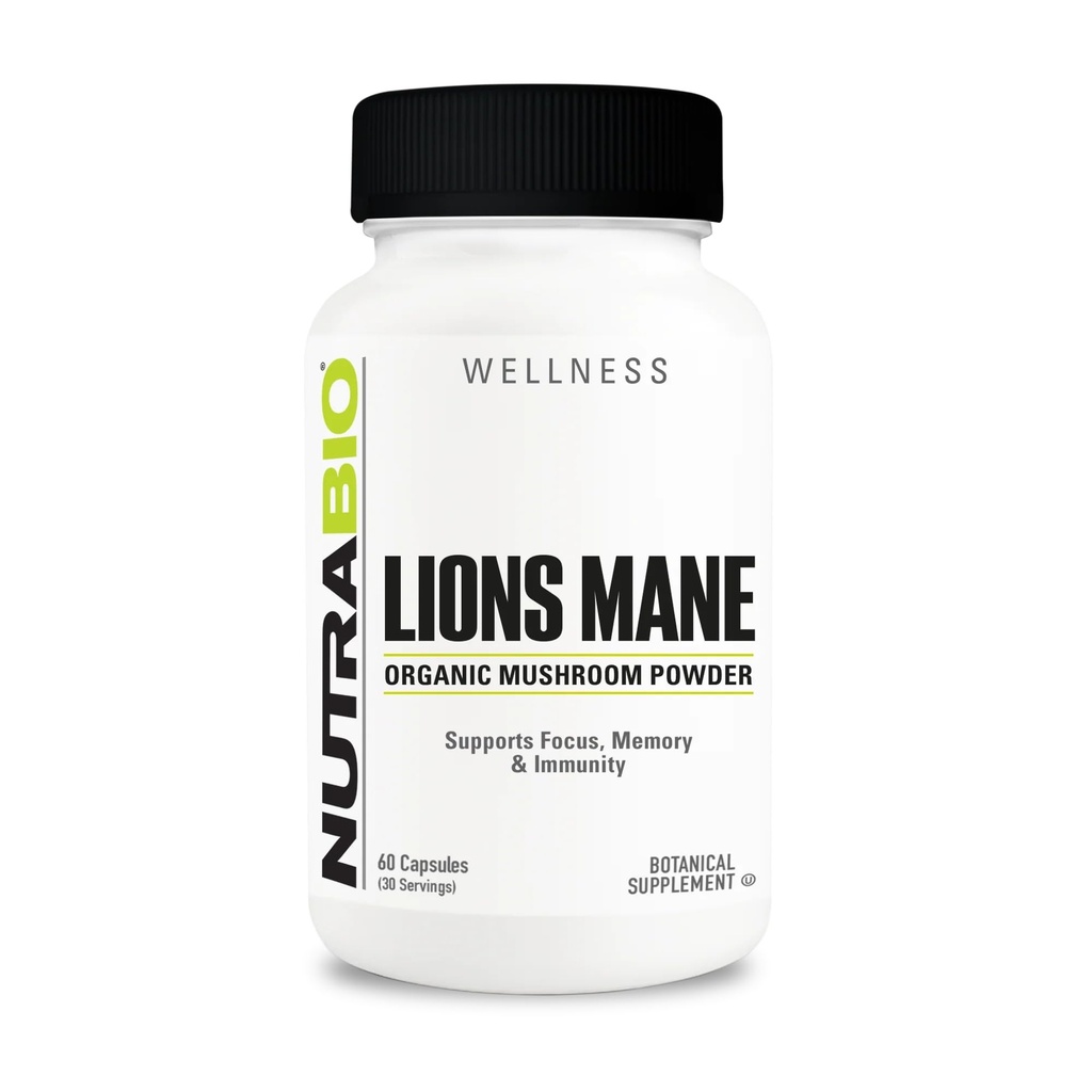 NutraBio Lions La Mane Supplément Capsules - Poudre de champignons de lion biologique (500mg)- Focus, Mémoire, Immunité - 60 Capsules végétales