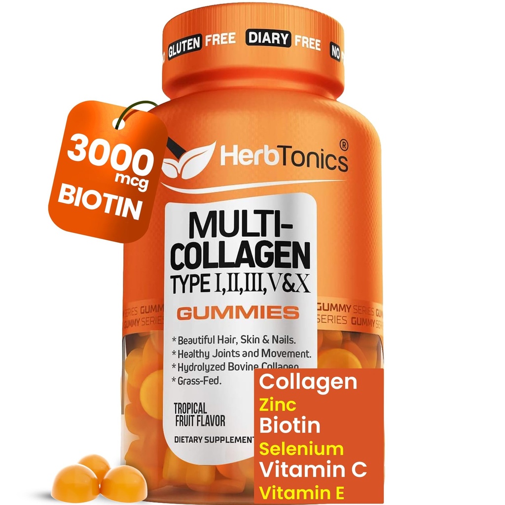 Herbtonics Multi Collagen Gummie mit Biotin & Vitamin C, hydrolysierte Collagen Peptide Typen I, II, III, V, X für Haar, Haut, Nägel, & Knochenunterstützung - Tropical Flavor, 60 Gummies