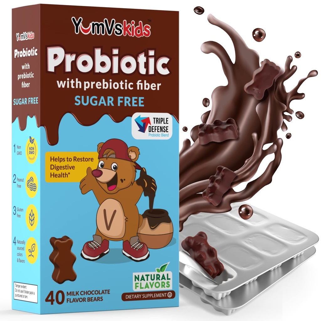 YumVs Probiotika für Kinder mit Prebiotic Fiber Sugar Kostenlose Schokolade Kaubare Ergänzungen - Nahrungsergänzungsmittel für Verdauungsmedizin - Kleinkinder, Kinder & Jugendliche 60 Graf