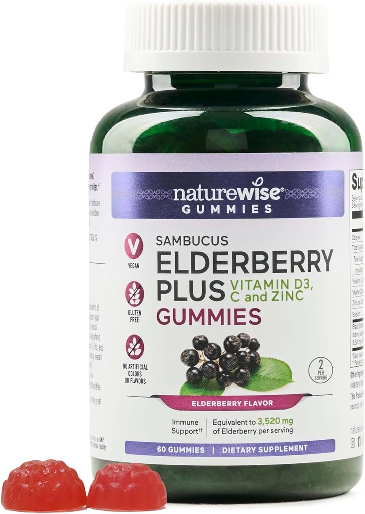 NatureWise Sambucus Elderberry Gummies - Immununterstützungsergänzung für Kinder Alter 4+ & Erwachsene mit Vitamin C, D3, Zink - Elderberries Entspricht 3520mg - Vegan, Non-GMO - 60 Count[30-Day Supply]