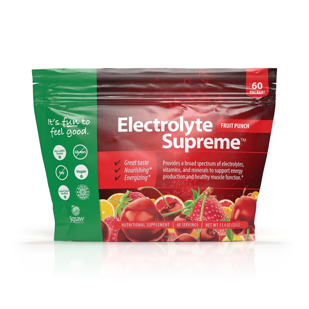 Jigsaw Health Electrolyte Supreme : large spectre d'électrolytes + minéraux traces : goût de punch de fruits : 60 portions (paquets)