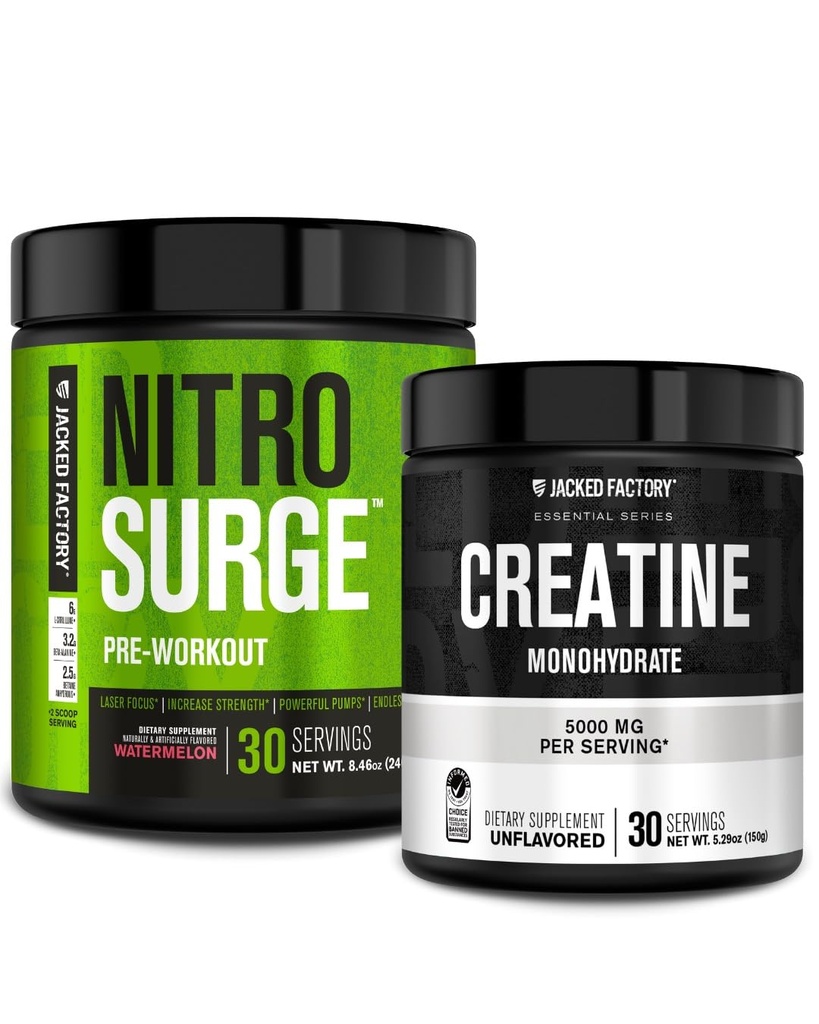 Jacked Factory NITROSURGE Vor-Workout-Ergänzung - Intensive Pumpen (30 Servierungen, Wassermelone) & Kreatin Monohydrat-Pulver für Muskelwachstum (30 Servierungen, Unflavored)