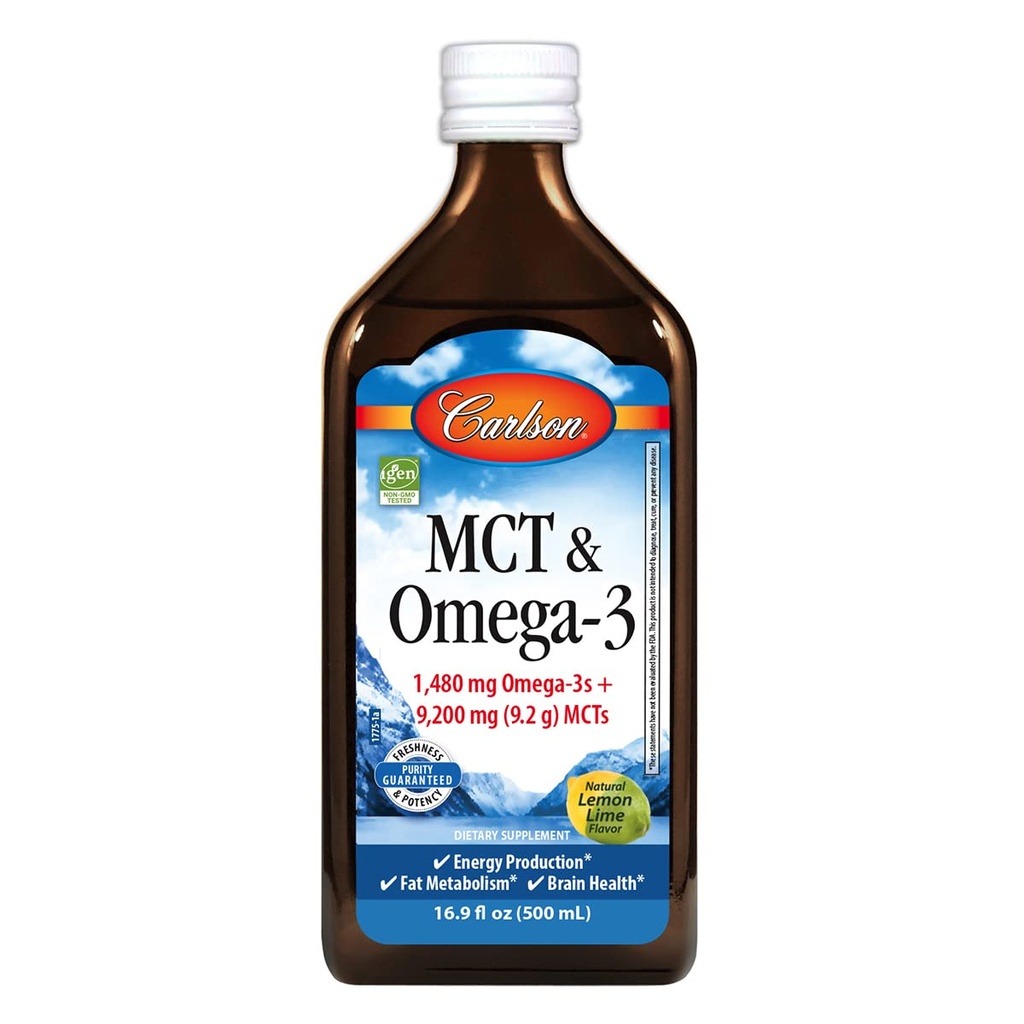Carlson - MCT & Omega-3, 1480 mg Omega-3s, 9200 mg MCT, Keto-Friendly, Caprylic & Capric Acids, Energy Production, Fat Metabolism, Lemon-Lime, 500 mL (16.9 Fl Oz)