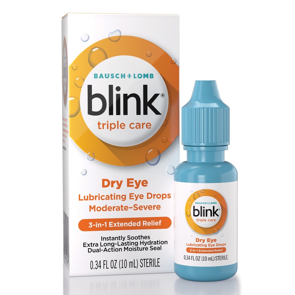 BLINK Triple Care Eye Drops für trockene Augen, Lubricant Eye Drops, Beruhigend für milde trockene Augen, mit Hyaluronat, Reduziert Discomfort, lang anhaltende Hydration, 0.34 Fl Oz