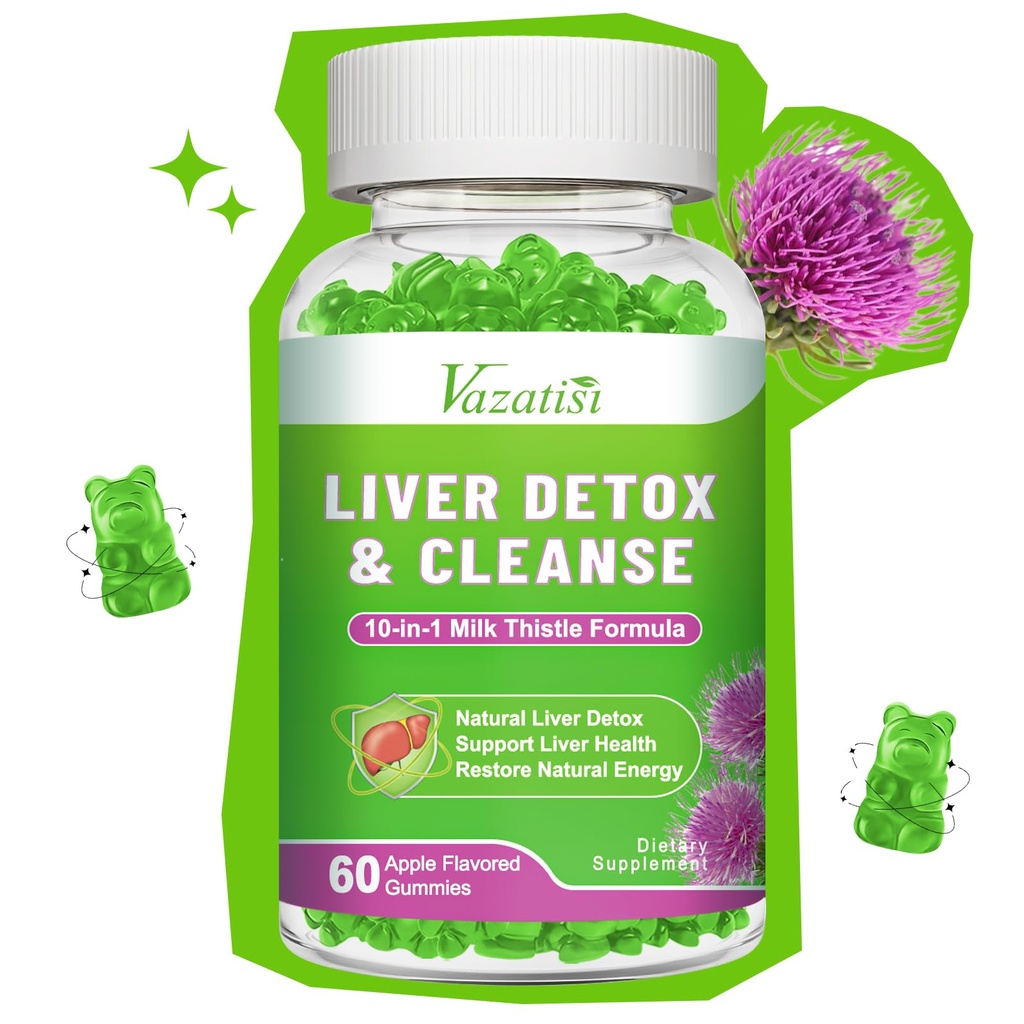 Gummies de chardon de lait pour adultes enfants. Nettoyer le foie Detox Repair Gummies, Lait Thistle Extract Supplément pour le soutien du foie Antioxydant digestif, 60ct saveur de pomme