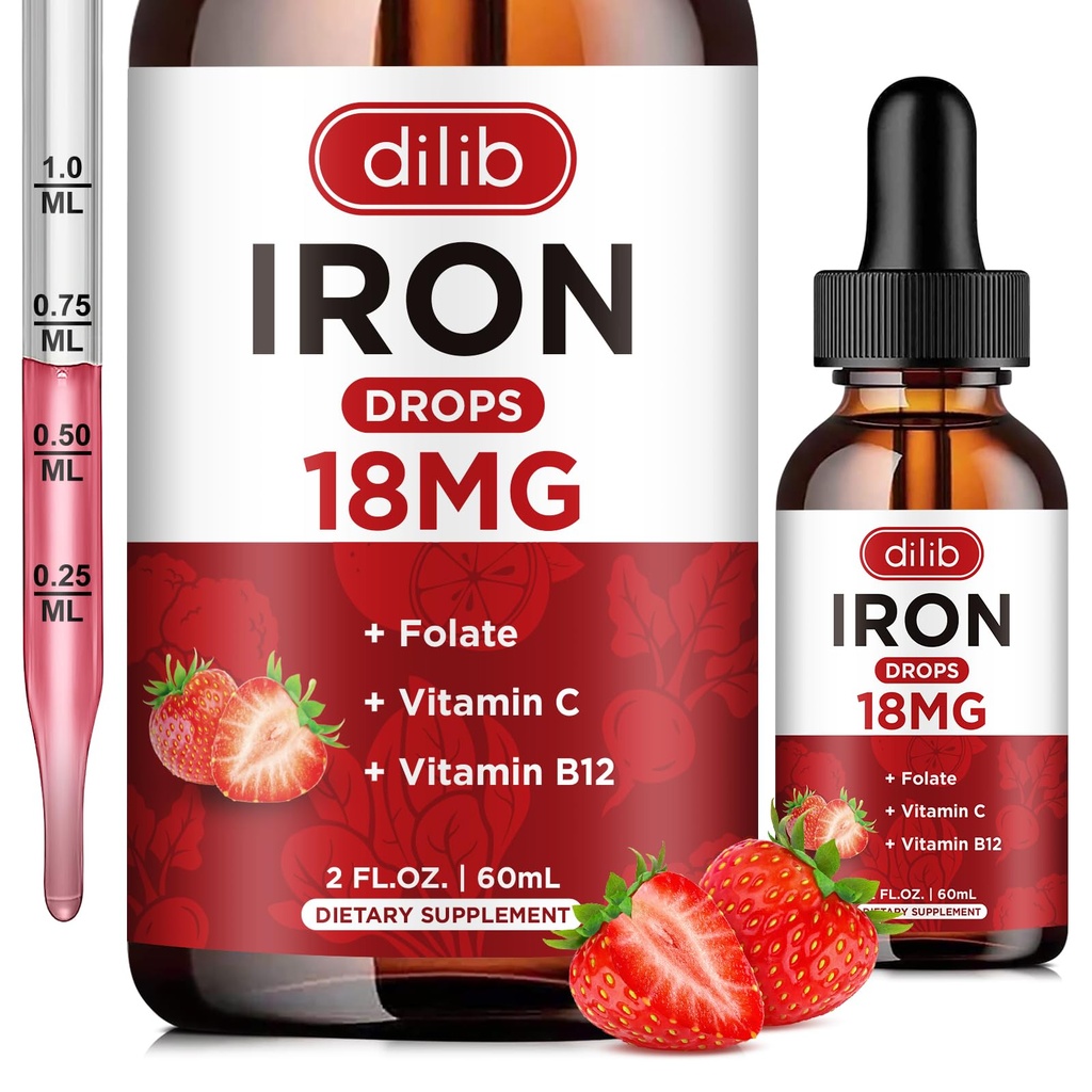 Supplément en fer liquide pour les femmes et les hommes Des suppléments en fer pour l'anémie avec folate, vitamine C, B12 pour le soutien des globules rouges-Strawberry, 2 Fl Oz