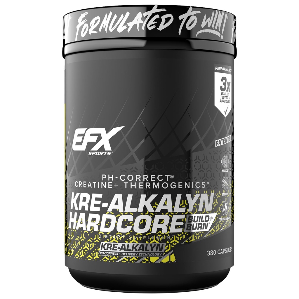 EFX Sports Kre-Alkalyn Hardcore | Thermogenischer pH-Wert Korrekt Kreatin Monohydrat Pille Ergänzung | Energie & Stärke Pre Workout | 126 Servietten, 380 Kapseln