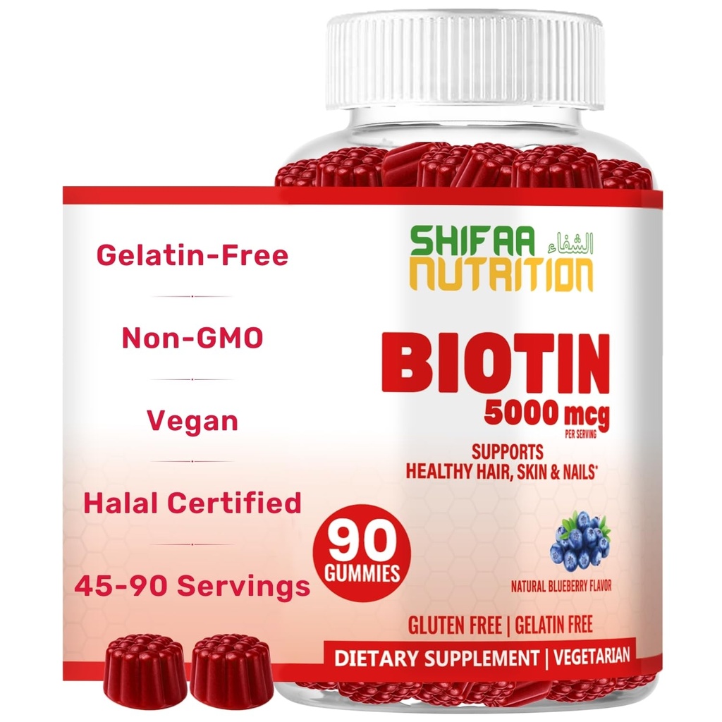 SHIFAA NUTRITION Vegan Biotin Gummis für Erwachsene & Kinder | 90 Gummis | 5000 mcg 45 Servierungen | Non-GMO | Gluten, Gelatine, Peanuts, Egg & Dairy Free | Biotin Gummy Vitamine für Haar, Haut und Nägel Halal