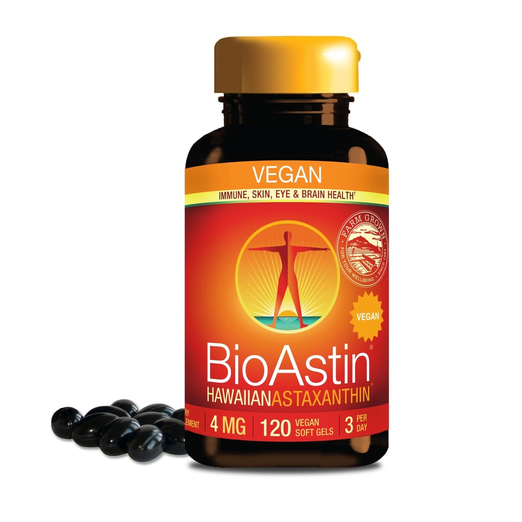 Nutrex Hawaii Vegan BioAstin Hawaiian Astaxanthin - 4mg, 120 Softgels - Farm-Direct Premium Antioxidant Ergänzung zur Unterstützung von Augen-, Haut-, Gelenk- und Immunsystem Gesundheit - Vegan, Non-GMO & Gluten-Free