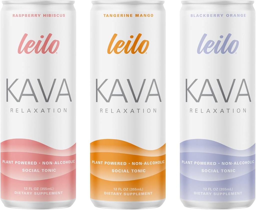 LEILO | Kava Powered Sparkling Relaxation Drink | Classic Variety-Pack – beinhaltet: Raspberry Hibiscus, Tangerine Mango, BlackBerry Orange | 12 fl oz Cans (Pack von 12)