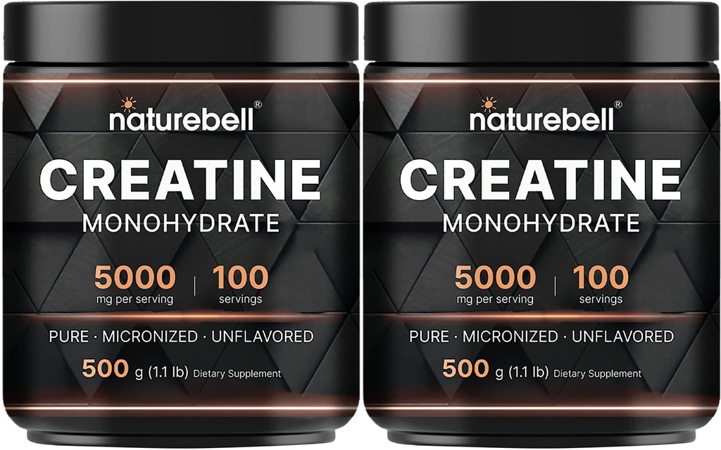 NatureBell 2 Pack Creatine Monohydrat Pulver 500g, 5.000mg pro Servieren | Micronized, Pure & Unflavored | Vor-Workout Muskelunterstützung | Keto, Vegan, Filler-Free | 200 Servierungen (2.2 lb)