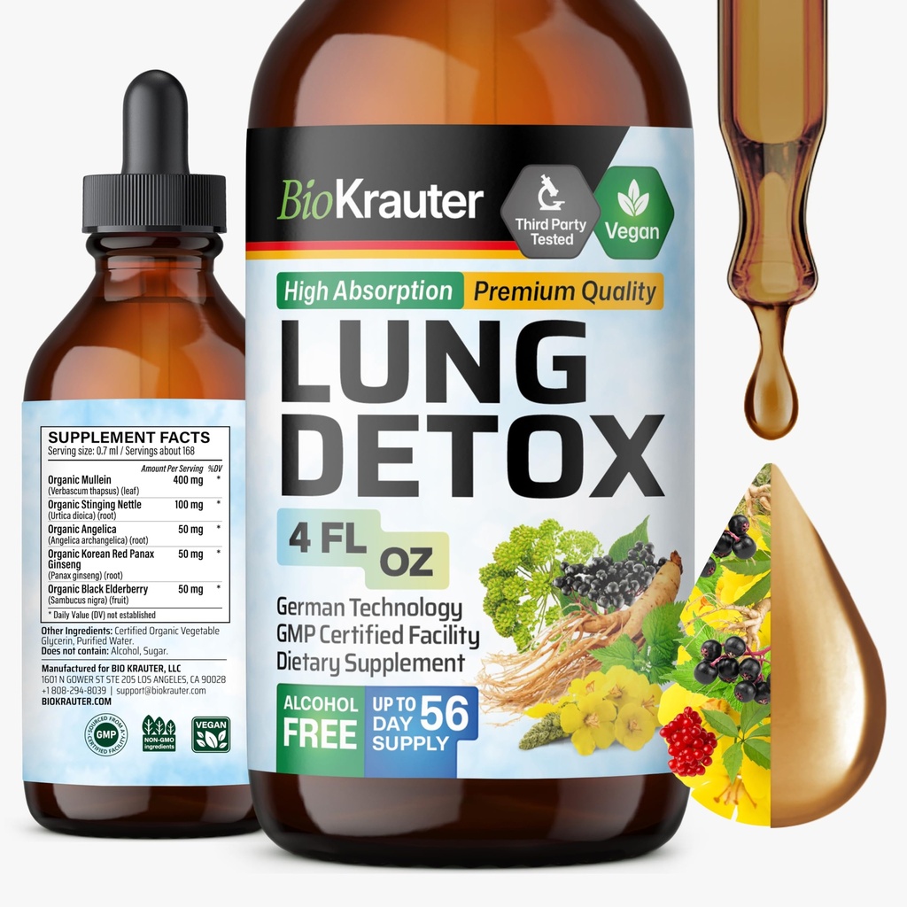 BIO KRAUTER Lung Detox Drops - Pure Vegan Lung Cleanse Liquid Form 4 Fl.Oz 56 Liefertage - Blend Mullein, Elderberry, Sting Nettle, Ginseng & Angelica Extracts - Respiratory Support