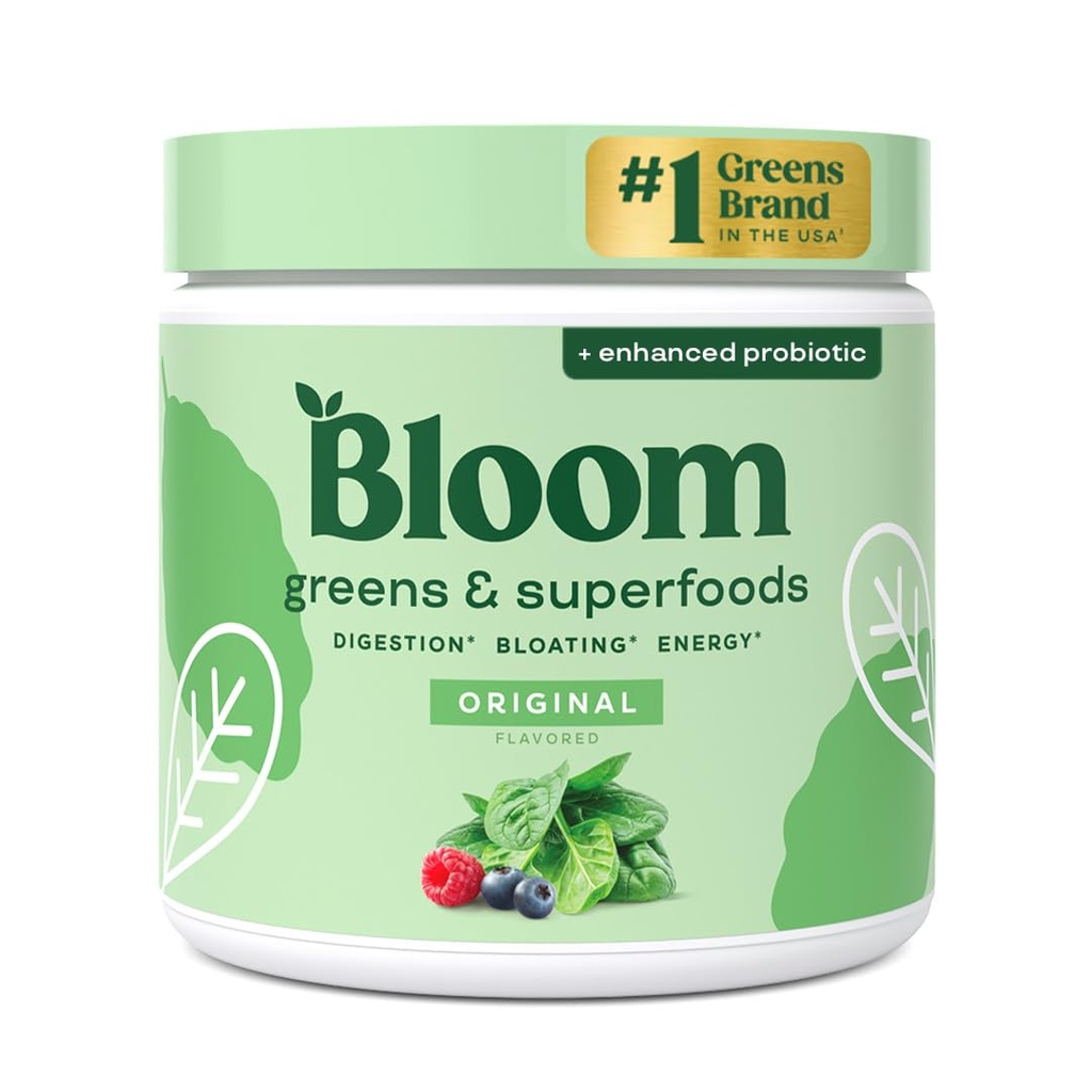 Bloom Nutrition Superfood Greens Poudre, Enzymes digestifs avec probiotiques et prébiotiques, Gut Health, Bloating Relief pour les femmes, Chlorella, Mélange de jus vert avec poudre de racine de betterave, 30 SVG, Original