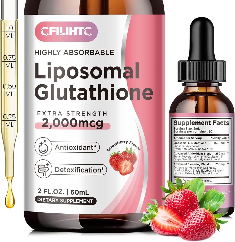 Liposomal Glutathione Liquid Drops, Glutathione Liquid Supplement, Active Form L- Glutathione, with Vitamin C, Liver Detox, Antioxidant for Anti-Aging, Immune & Cleansing, Strawberry Flavor, 2 FL.OZ