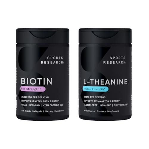 Recherche sportive Biotine végétalienne 10 000mcg avec huile de coco Max Strength Vitamine B7 120 Softgels (4 mois d'approvisionnement) et L-Theanine Double Strength Supplément pour Focus, Relaxation et Alerte 200mg 60 Comte