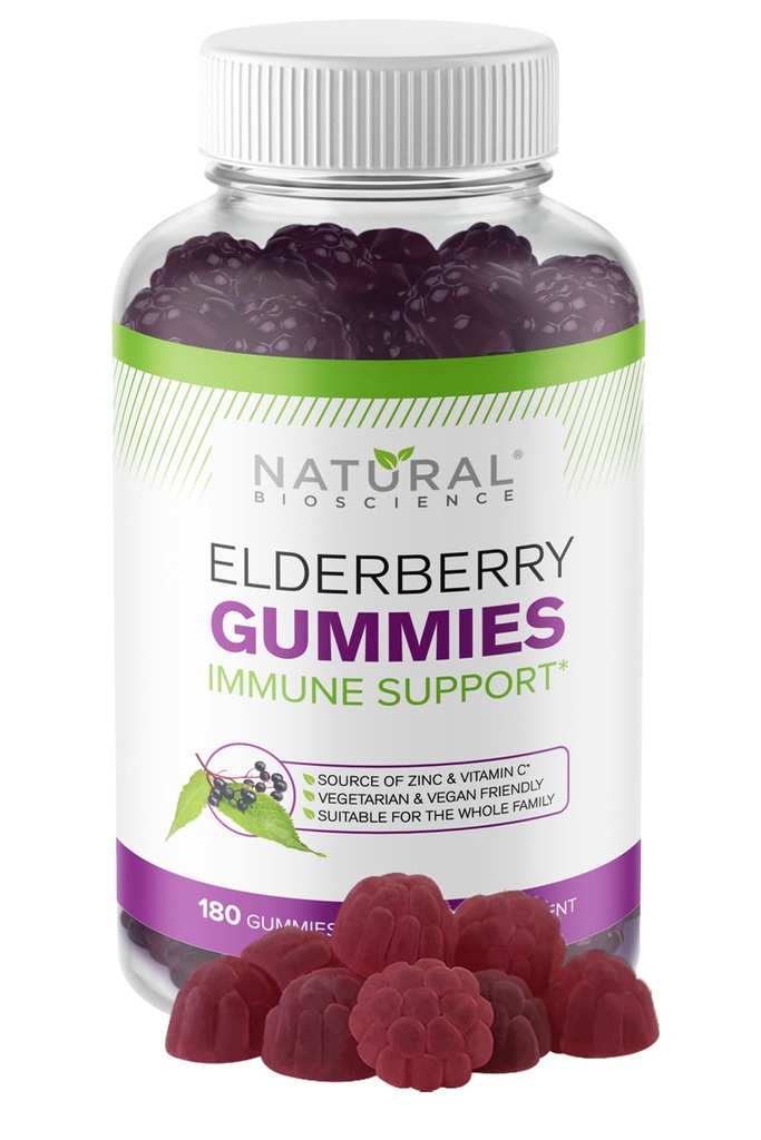 Natürliche BioScience Sambucus Elderberry Gummies mit Vitamin C & Zink, Immununterstützung für Erwachsene & Kinder, Daily Antioxidant & Wellness Boost, 180 Vegan, Glutenfrei, Kaubare Elderberry Gummies