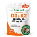 VEV Corefeel Vitamin D3 K2, 10.000 IU D3, 200mcg K2 (mit MK7), unterstützt Knochen- und Zähnegesundheit, Dual-Nährstoff-Unterstützung für tägliches Wellness, einfach zu schlucken – 300 Kapseln
