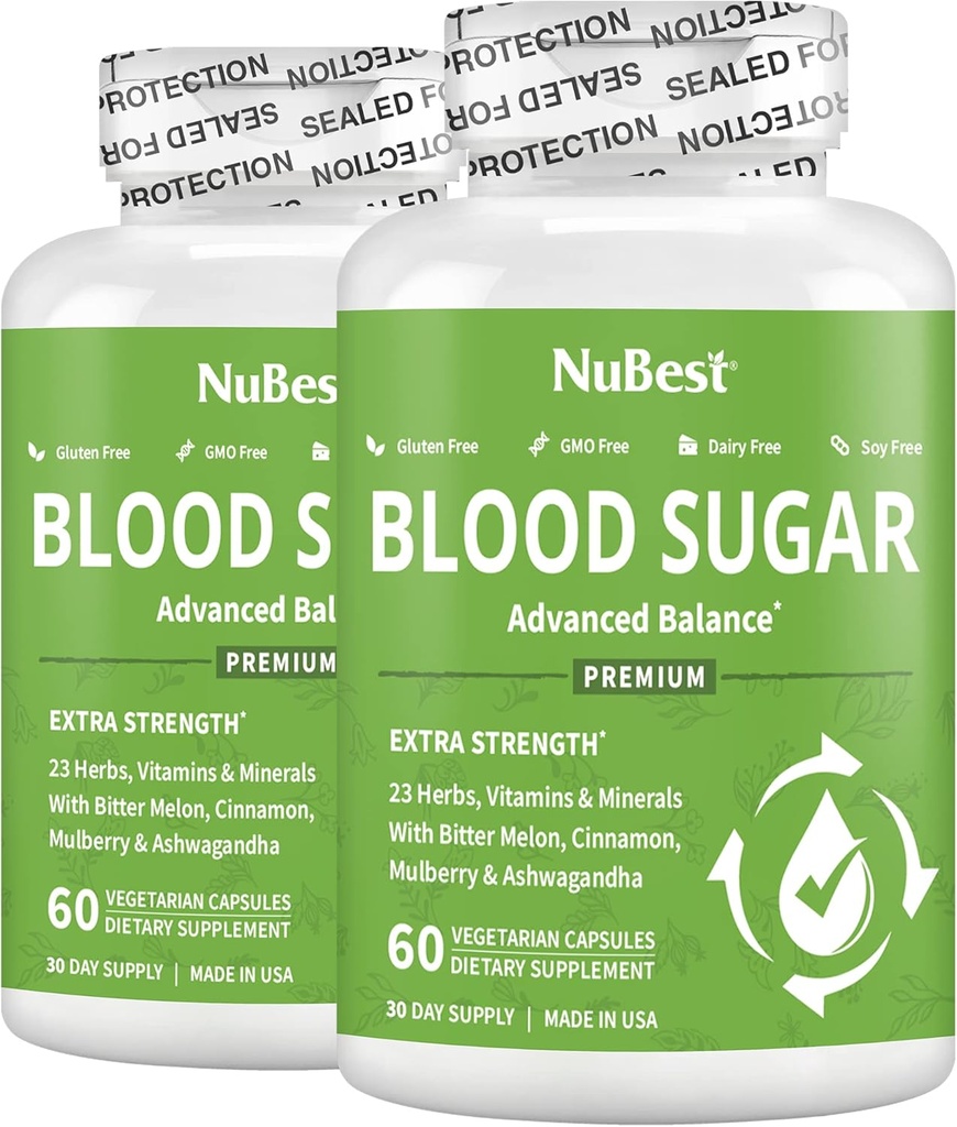 Sucre de sang - Formule avancée avec Melon amer, Ashwagandha, cannelle, chrome, magnésium, vitamines, acide alpha lipoïque, poivre Cayenne & plus . Pack 2