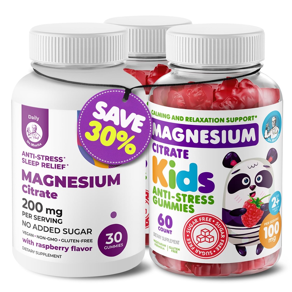 DR. MORITZ Bundle de magnésium - Gummies pour adultes (200mg, 30 Nombre) et Gummies de magnésium pour enfants (60 Nombre, 2 Pack) - Sans sucre