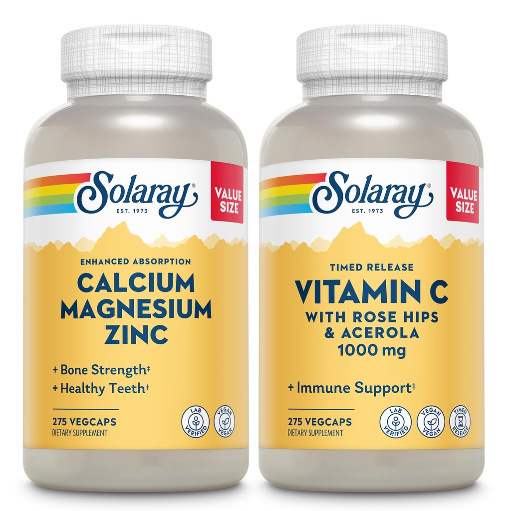 SOLARAY Calcium Magnesium Zink und rechtzeitige Freisetzung Vitamin C - Knochengesundheit, Immununterstützung Bundle, 1000mg Calcium, 500mg Magnesium, 1000mg Vitamin C Supplement, Vegan, 60-Tage Garantie, 275 VegCaps Jede