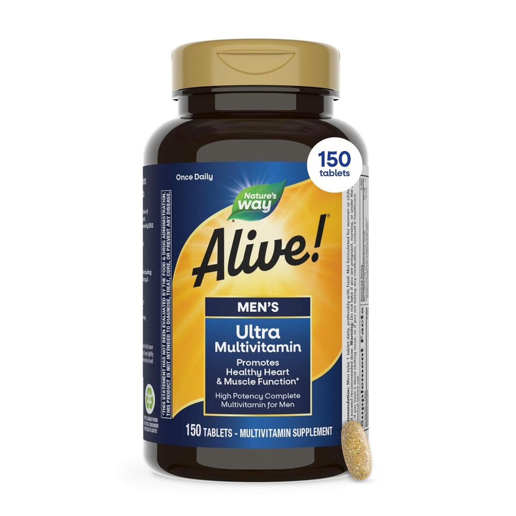Nature's Way Alive! Tägliche Ultra Multivitamin, hohe Potenzformel, fördert Herz- und Muskelfunktion*, mit methyliertem Vitamin B12, Glutenfrei, 150 Tabletten