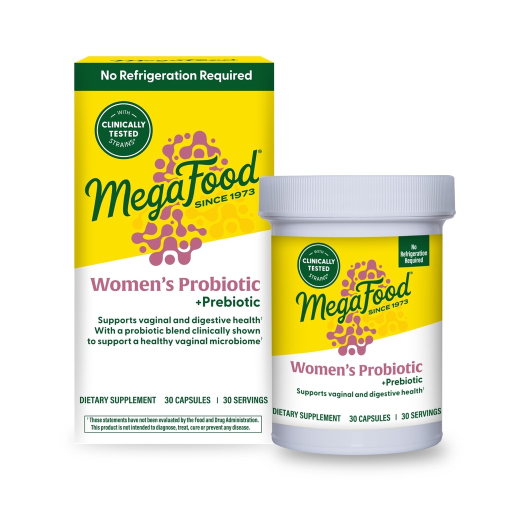 MegaFood Femmes Probiotique + Prébiotique - Prébiotiques sans gluten et probiotiques pour les femmes, soutient la santé et la régularité digestives, probiotiques vaginaux pour des niveaux de pH sains, végétarien - 30 capsules