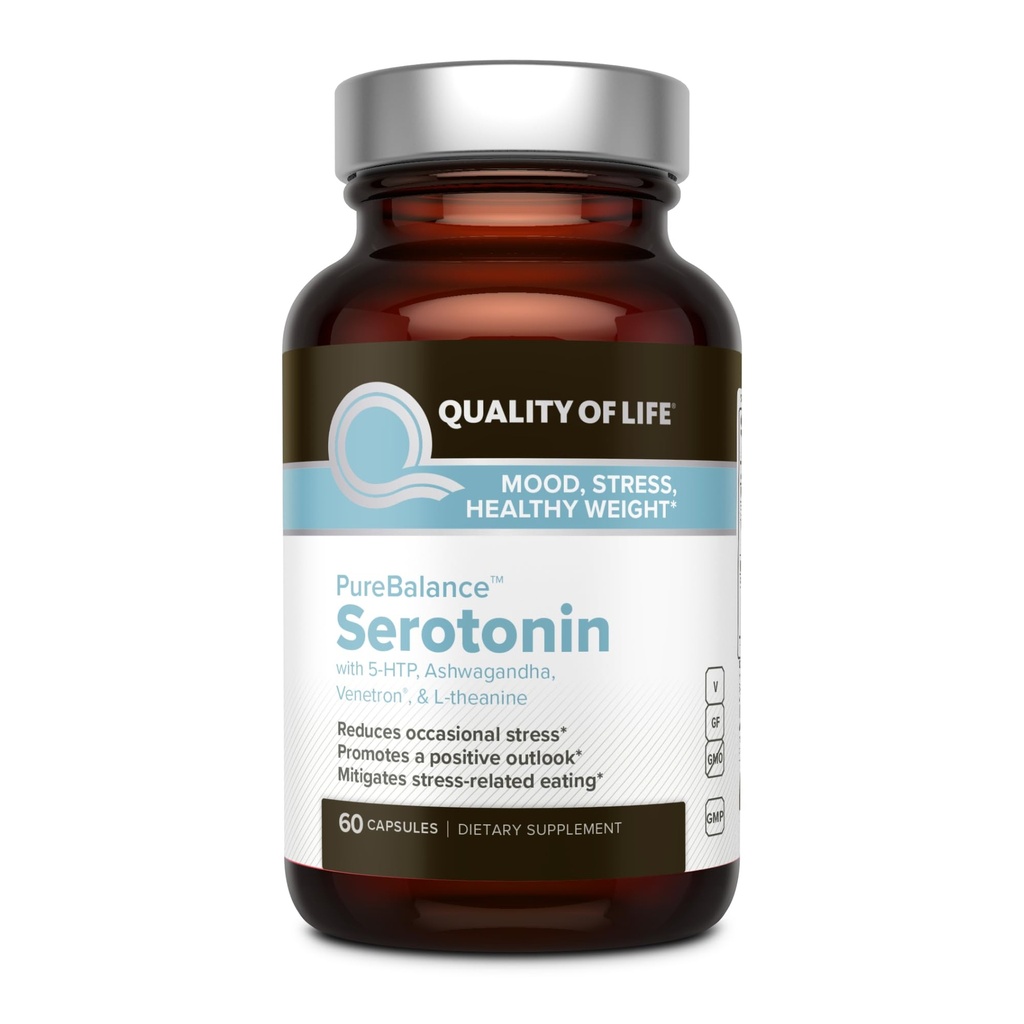 Qualität des Lebens Pure Balance Serotonin Premium–Helps Boost Serotonin & Cortisol Levels - Inklusive 5-HTP, Venetron, Sensoril, Vitamin D3 & L-Theanin–60 Kapseln