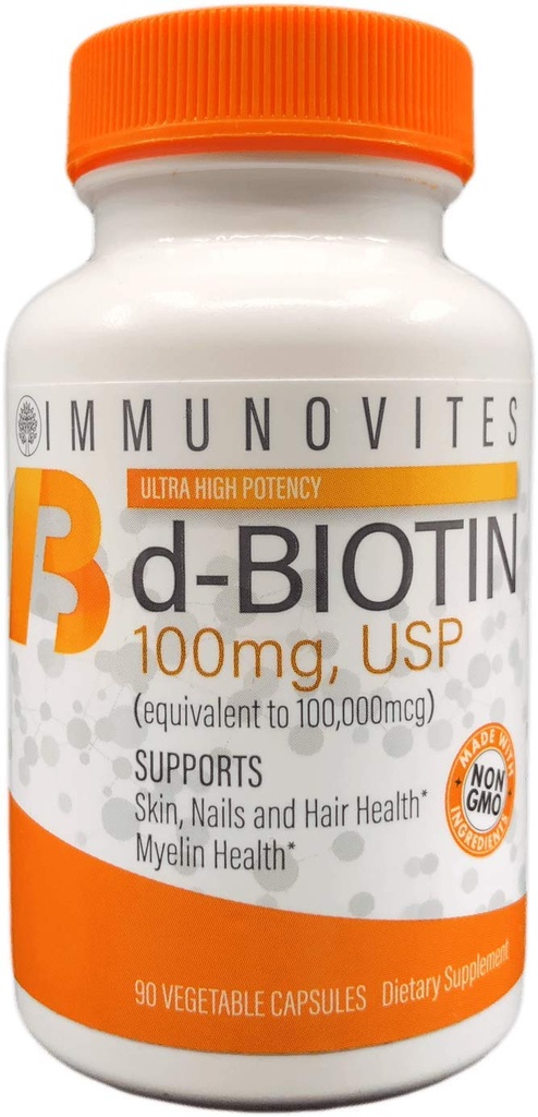 IMMUNOVITES Biotine à forte dose (sous forme de d-Biotine, USP) 100mg (équivalent à 100000mg) 90 Capsules, haute puissance