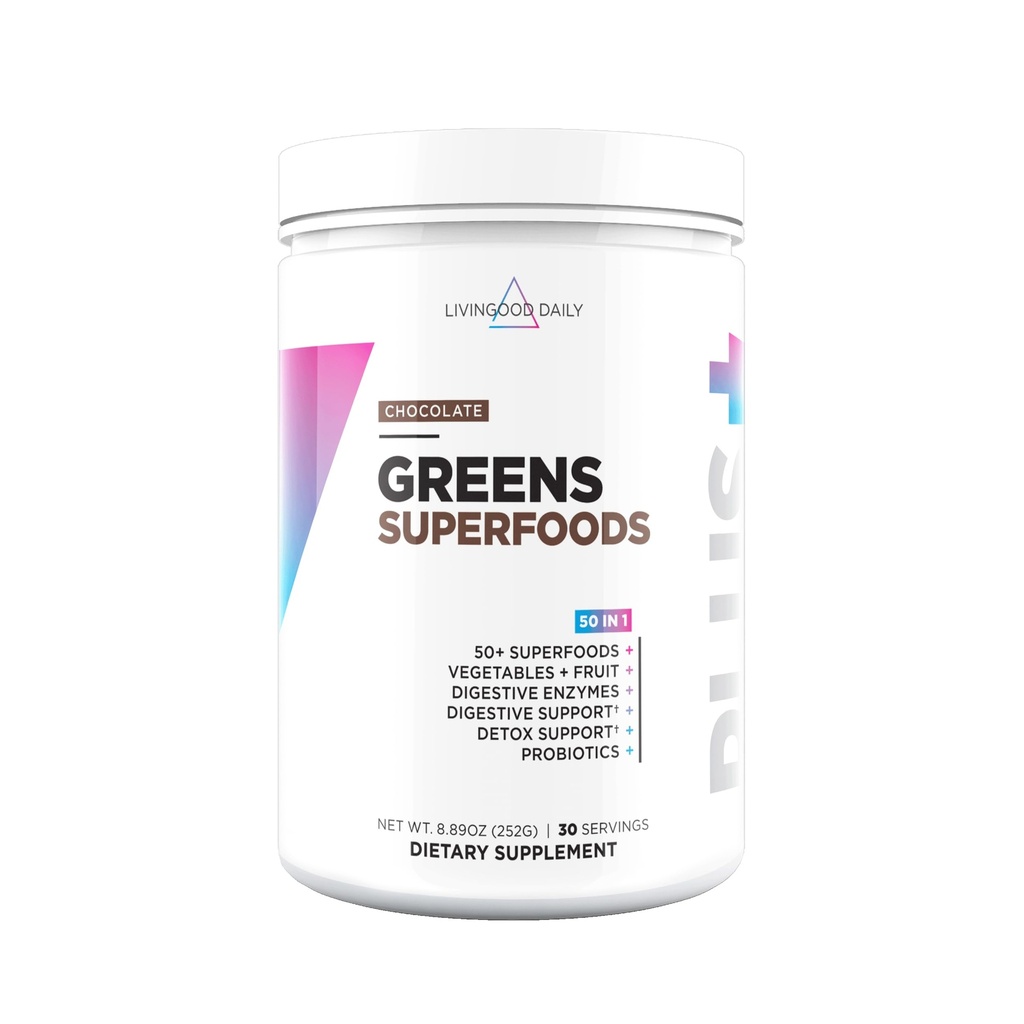 Livingood Daily Greens & Superfood Powder, Super Greens for Gut Health, Green Juice Powder with Spiruline, Chlorella et enzymes digestives, Probiotiques pour le soutien digestif, Chocolat, 30 portions