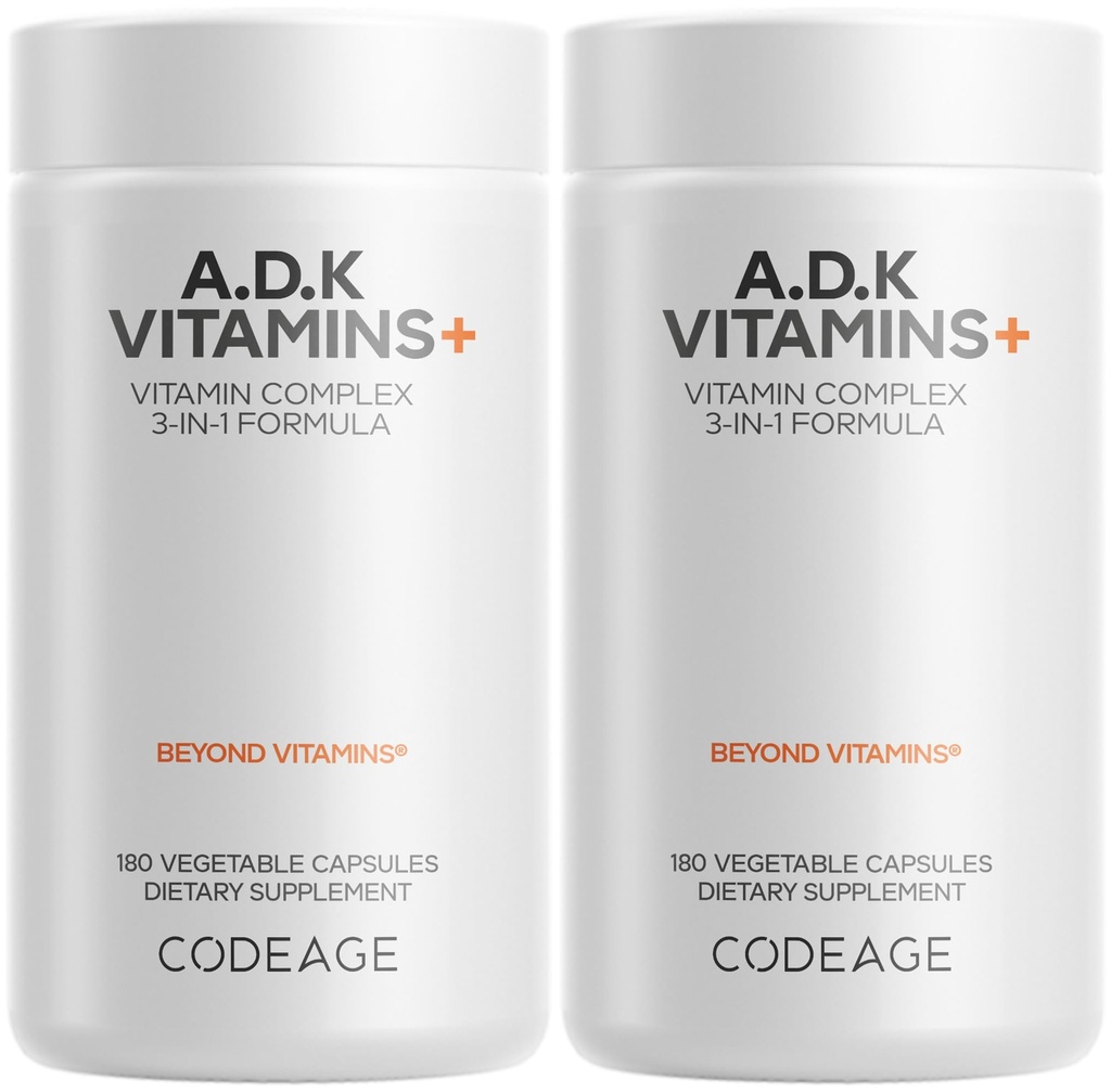 Codeage ADK Vitamins Supplement - Essential Vitamin A, D3 5000 IU, K1 & K2 (MK4 & MK7) - 6-Monats-Versorgung - 1 Kapsel pro Servierung, Non-GMO, Gluten-Free - 2-Pack