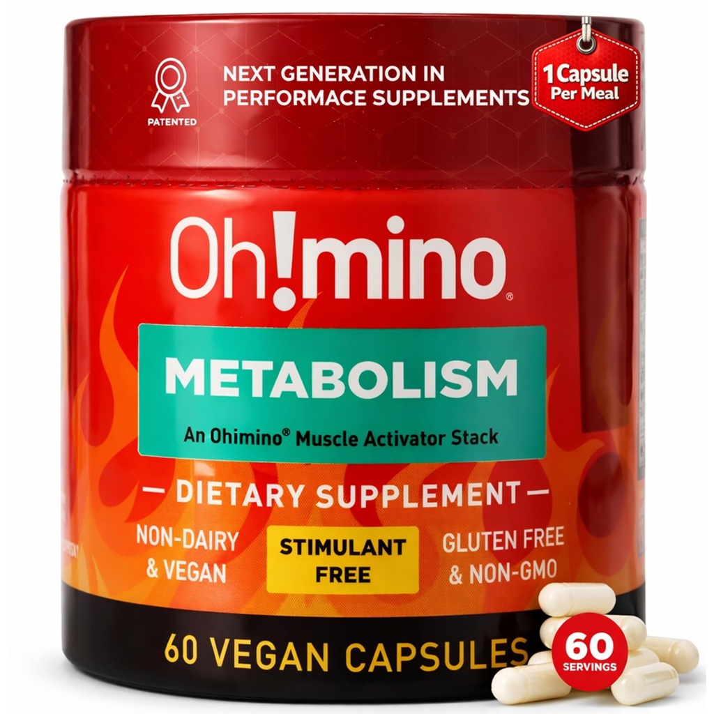 Oh!mino Metabolismus-Supplement für effiziente Fett zu Energie Umwandlung w/L-Carnitin, Phenylcapsaicin, & Vitamin B3 - Non-Jitters, Stimulant-Free, Vegan, Non-Dairy Capsules (60 Portionen)