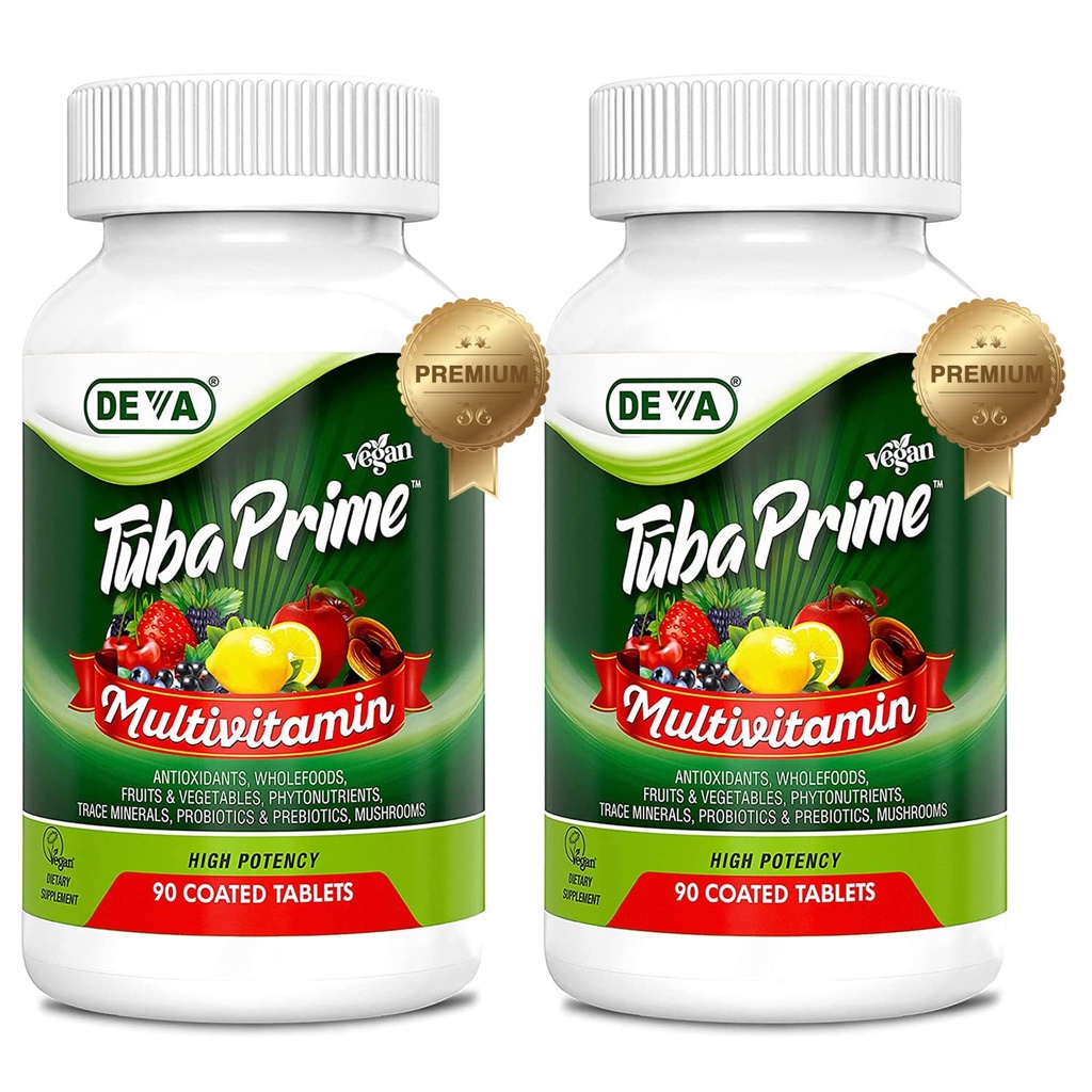 DEVA Tuba Prime Végétalien Multivitamine à haute puissance Vitamine et supplément nutritionnel minéral Antioxydants, mélange de fruits et de légumes, super champignons, probiotiques, prébiotiques, graines, herbes - 90 onglets, 2-pack
