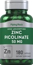 Piping Rock Zink Picolinate 50mg | 180 Kapseln | Non-GMO, Glutenfreie Ergänzung