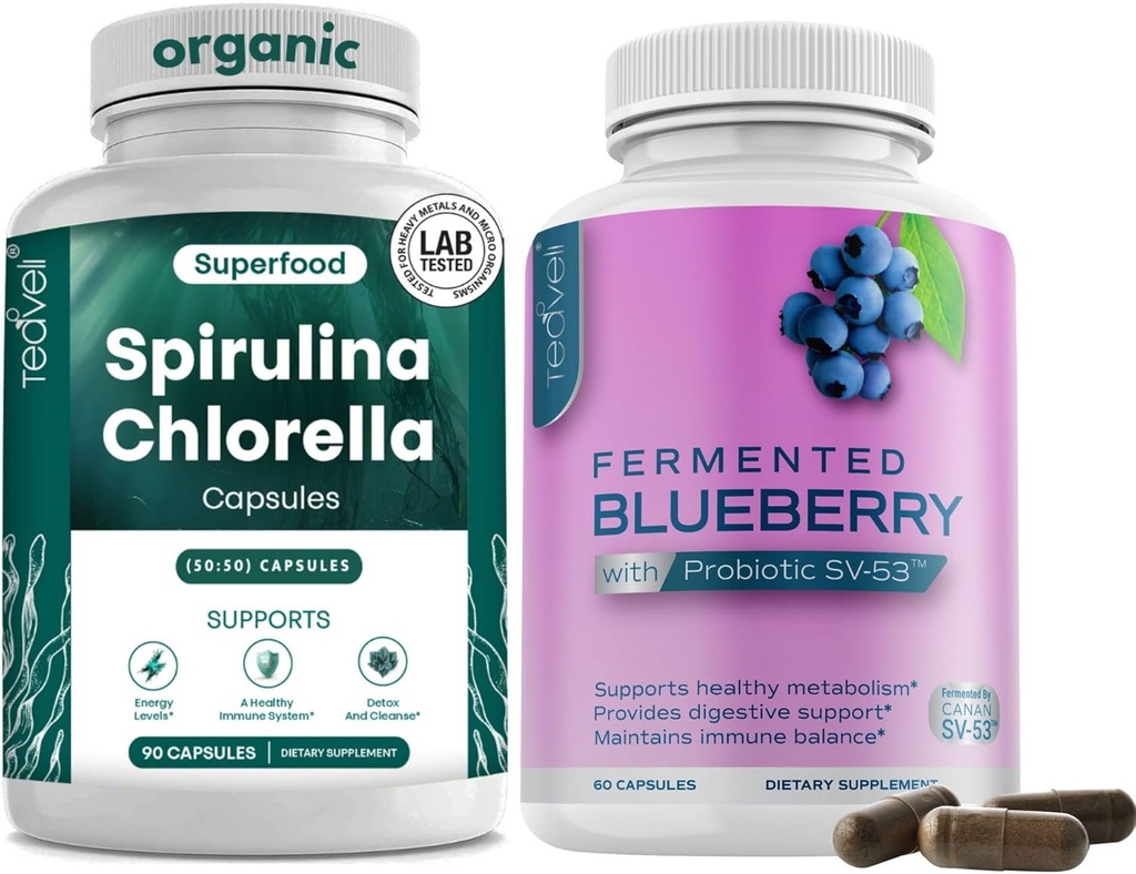 Teaveli Spirulina Chlorella et Blueberry Capsules