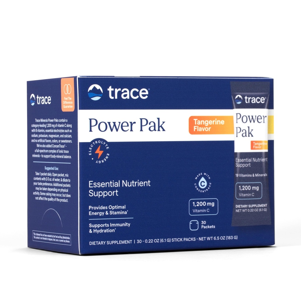 Trace Minerals Power Pak Multivitamin and Multimineral Packets - Soutien aux électrolytes - 1200 mg Vitamine C Plus 70 Tangerine Flavor - 30 Packets