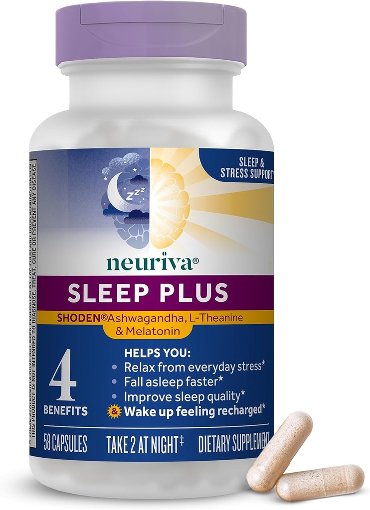 NEURIVA Sleep Plus avec des avantages 4-en-1 - Ashwagandha, L-Theanine et Melatonine testés cliniquement - Réduire le stress, l'accélération du sommeil d'automne, améliorer la qualité du sommeil, se réveiller rafraîchi*, Capsules 58ct